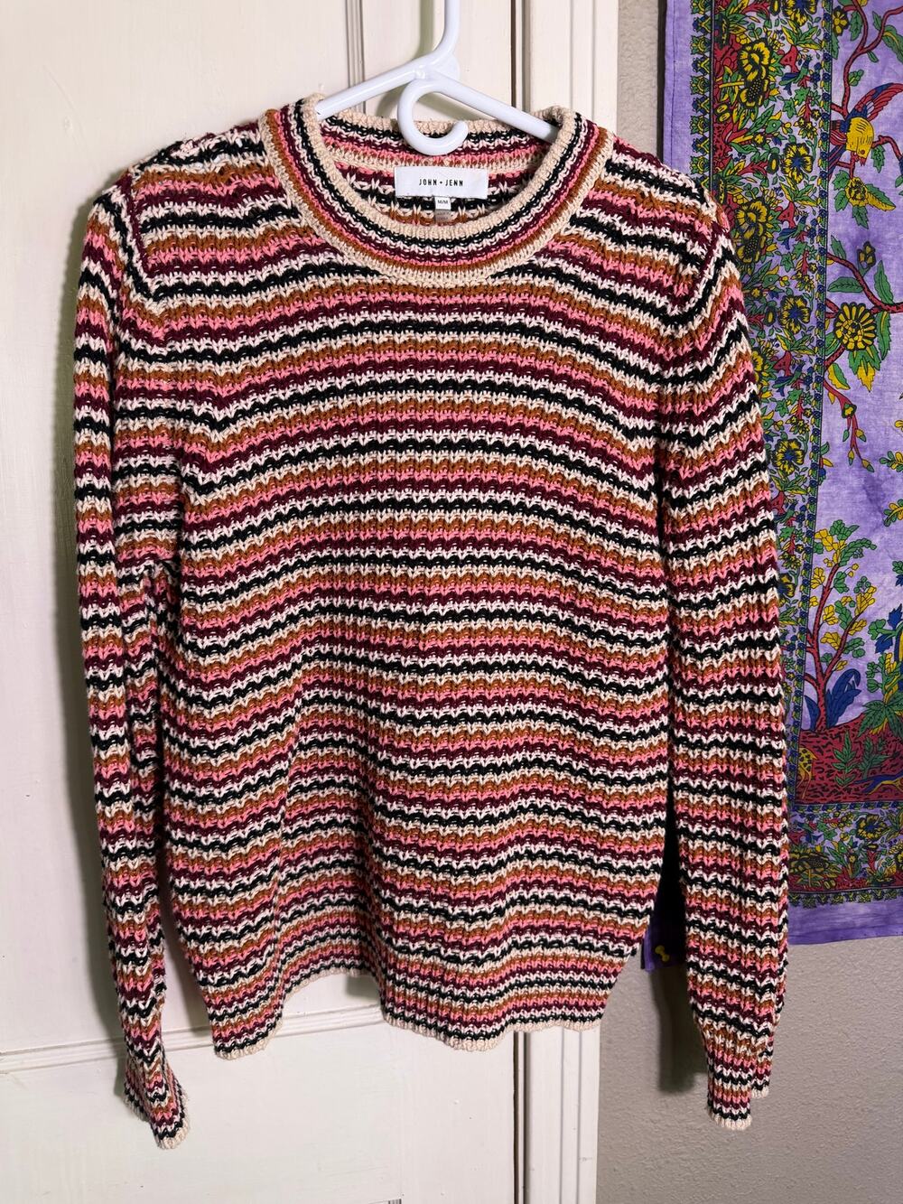 John + Jenn Womens M Multicolor Striped Open Knit Crochet Sweater Pink Brown